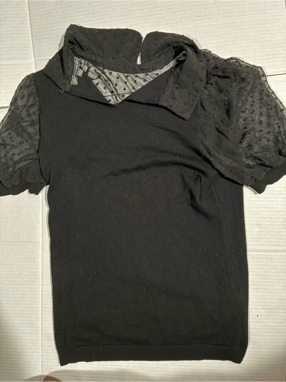 Adrianna Papell Black Knit Top with Sheer Dotted Puff Sleeves